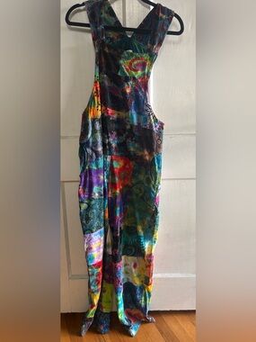 Earthbound Trading Co Tie Dye Patchwork Distressed Overalls Jumpsuit Medium